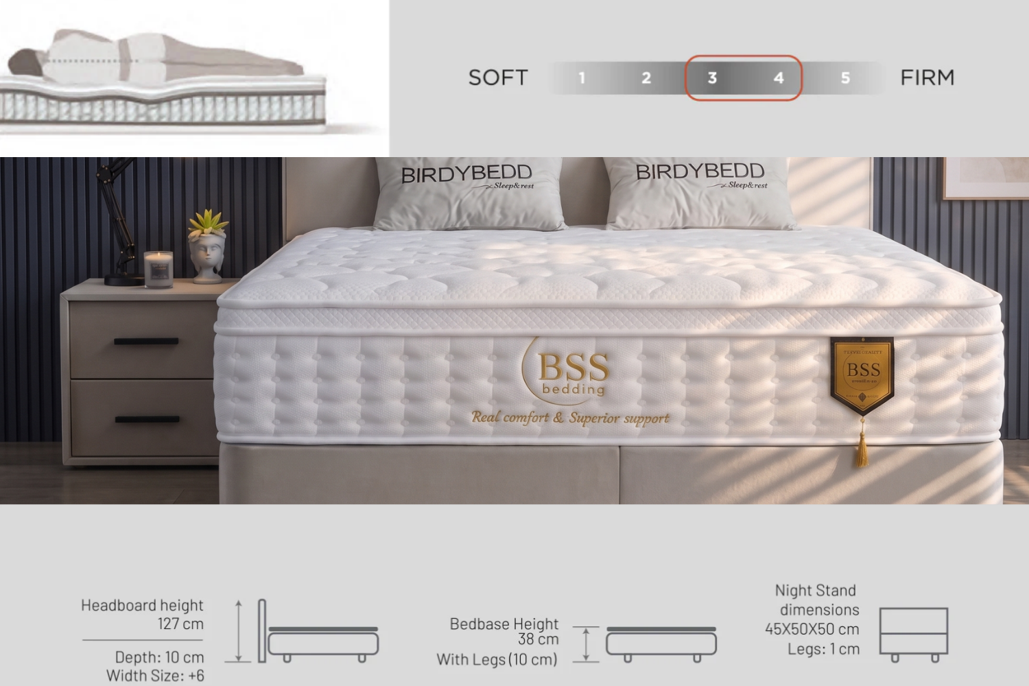 BSS BIRDYBEDD Boxspringbett Set | Matratze H3 | Box und Kopfteil