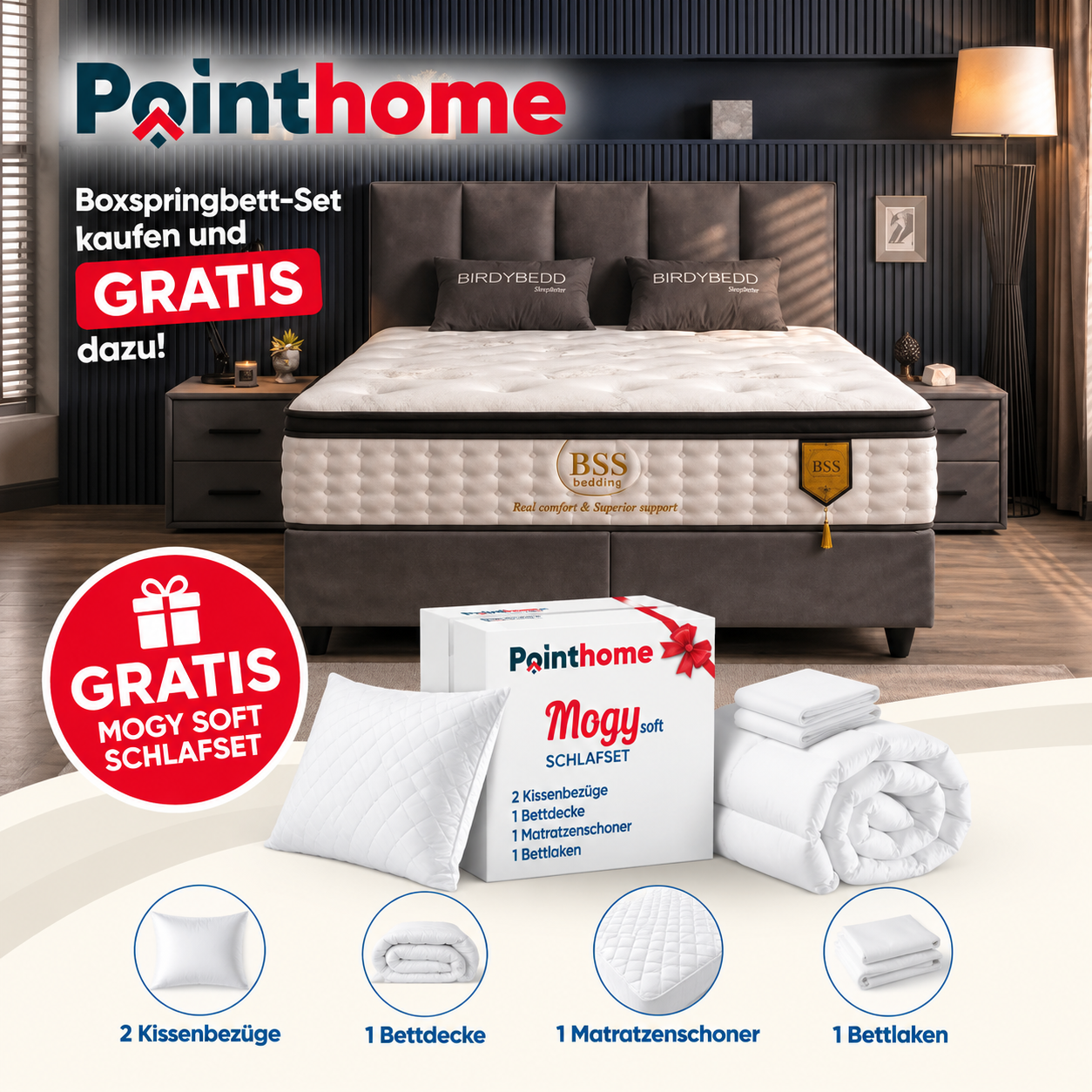 BSS BIRDYBEDD Boxspringbett Set | Matratze & Topper H3 | Box und Kopfteil
