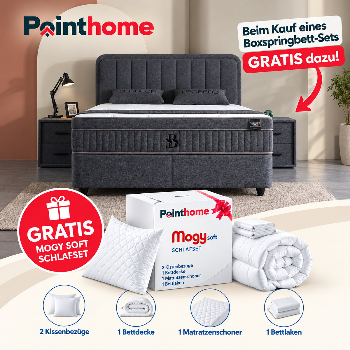 BSS LEOBEDD Boxspringbett Set | Matratze H3 | Box und Kopfteil
