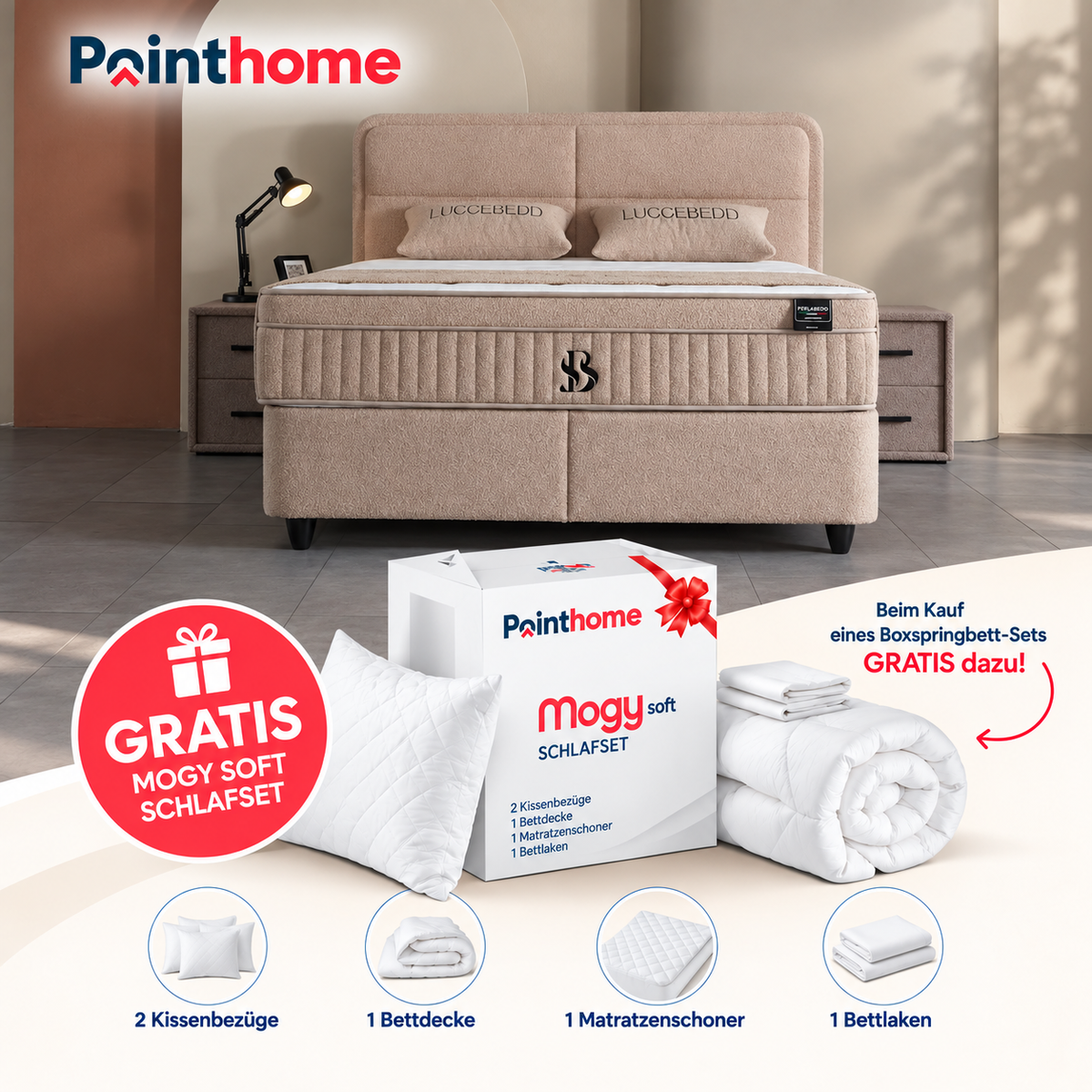 BSS LUCCEBEDD Boxspringbett Set |  Matratze H3 | Box und Kopfteil