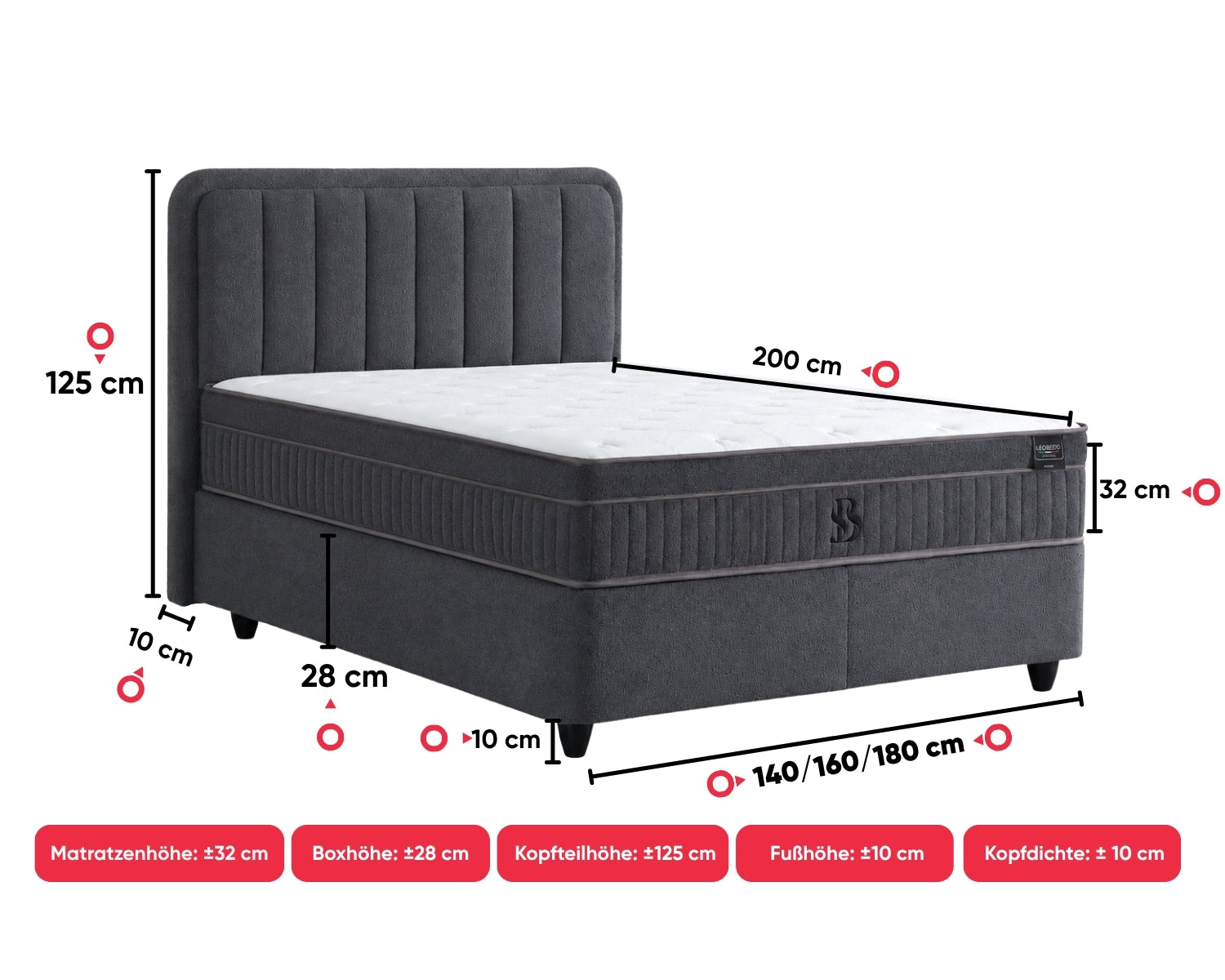BSS LEOBEDD Boxspringbett Set | Matratze H3 | Box und Kopfteil