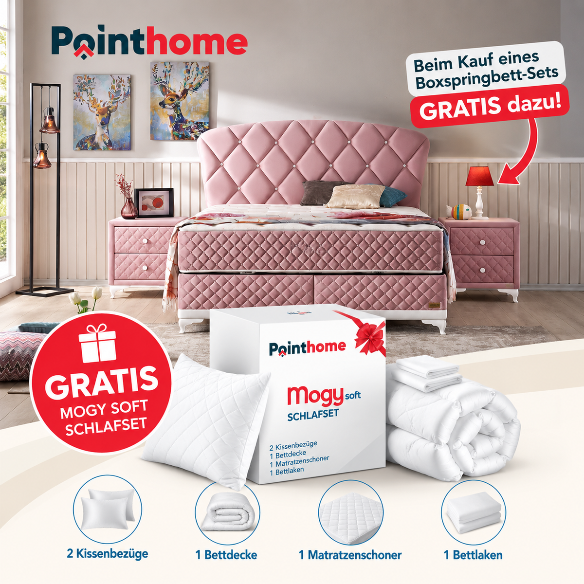 Bambi | Pinky | Boxspringbett Set H3