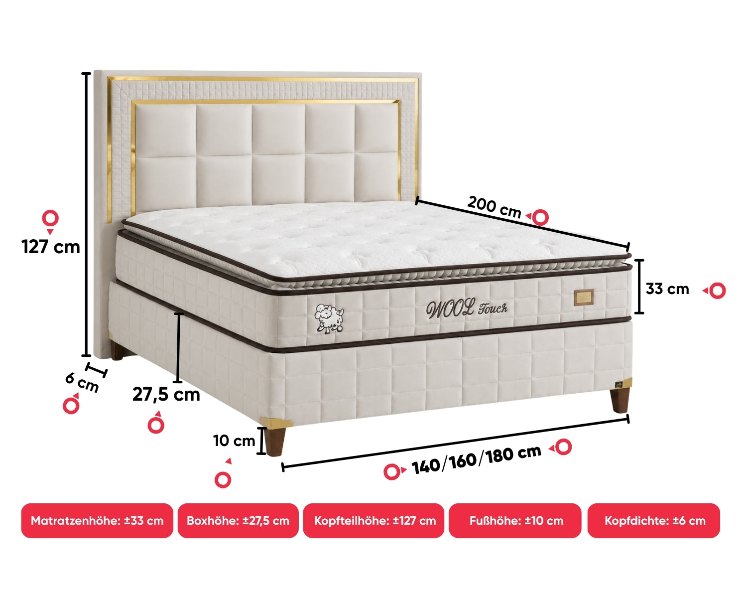 BSS WOOL TOUCH Boxspringbett Set | Matratze H2/H3 | Box und Kopfteil